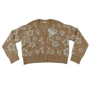 Cyrus Floral Hibiscus Cardigan Sweater Tan Cream V-Neck Button Front Size XL